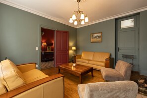 TV, fireplace, books