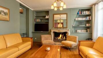 Télévision, cheminée, livres