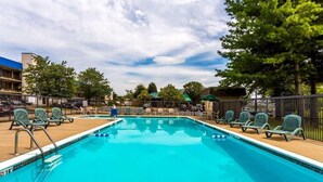 A rectangular swimming pool with a tiled edge, surrounded by lounge chairs and a fence.