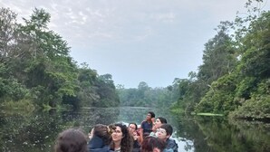 Un grupo de personas en una barca de madera que navega por un río rodeado de vegetación exuberante.