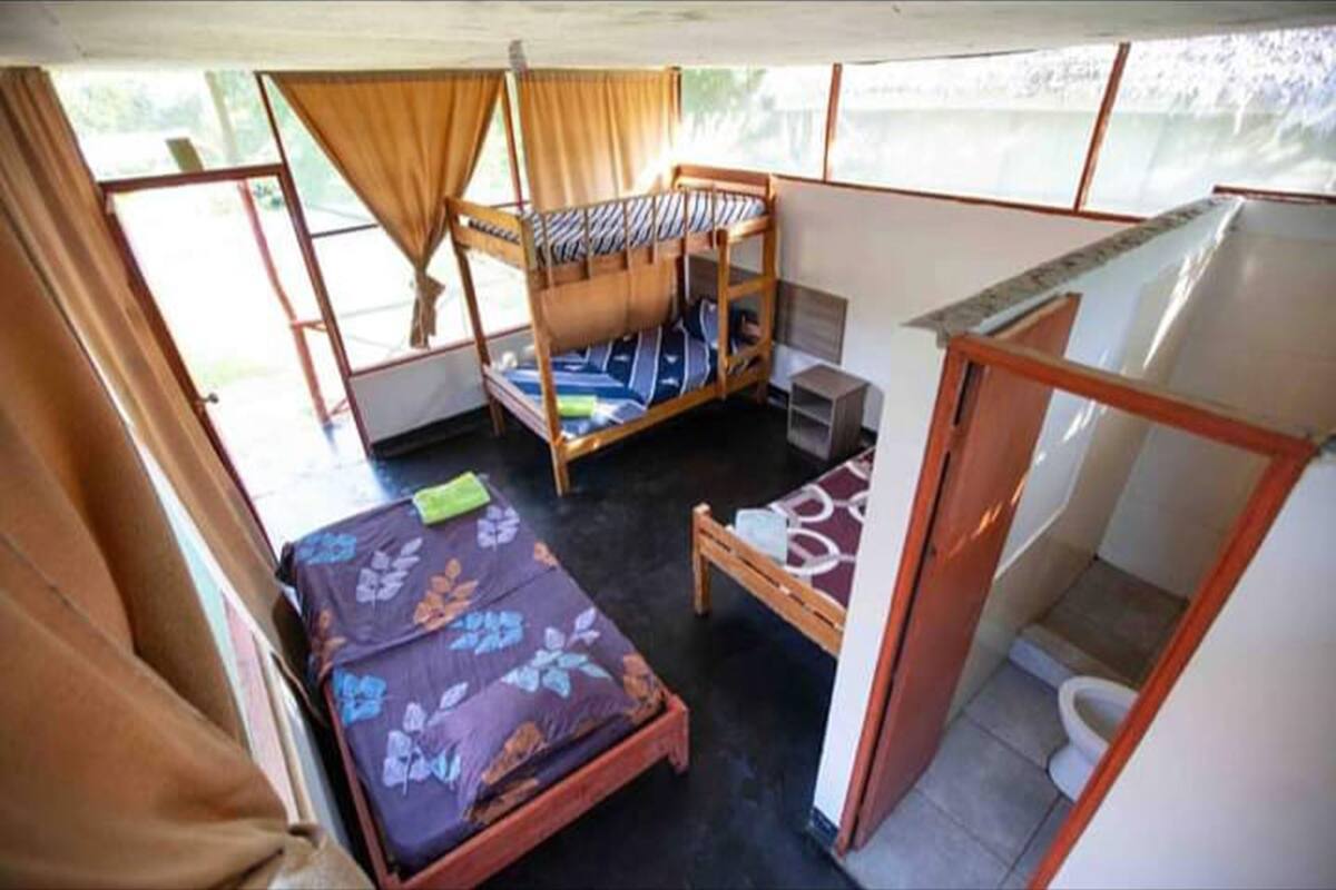 Habitación pequeña con literas, una cama individual, una mesita y un inodoro.