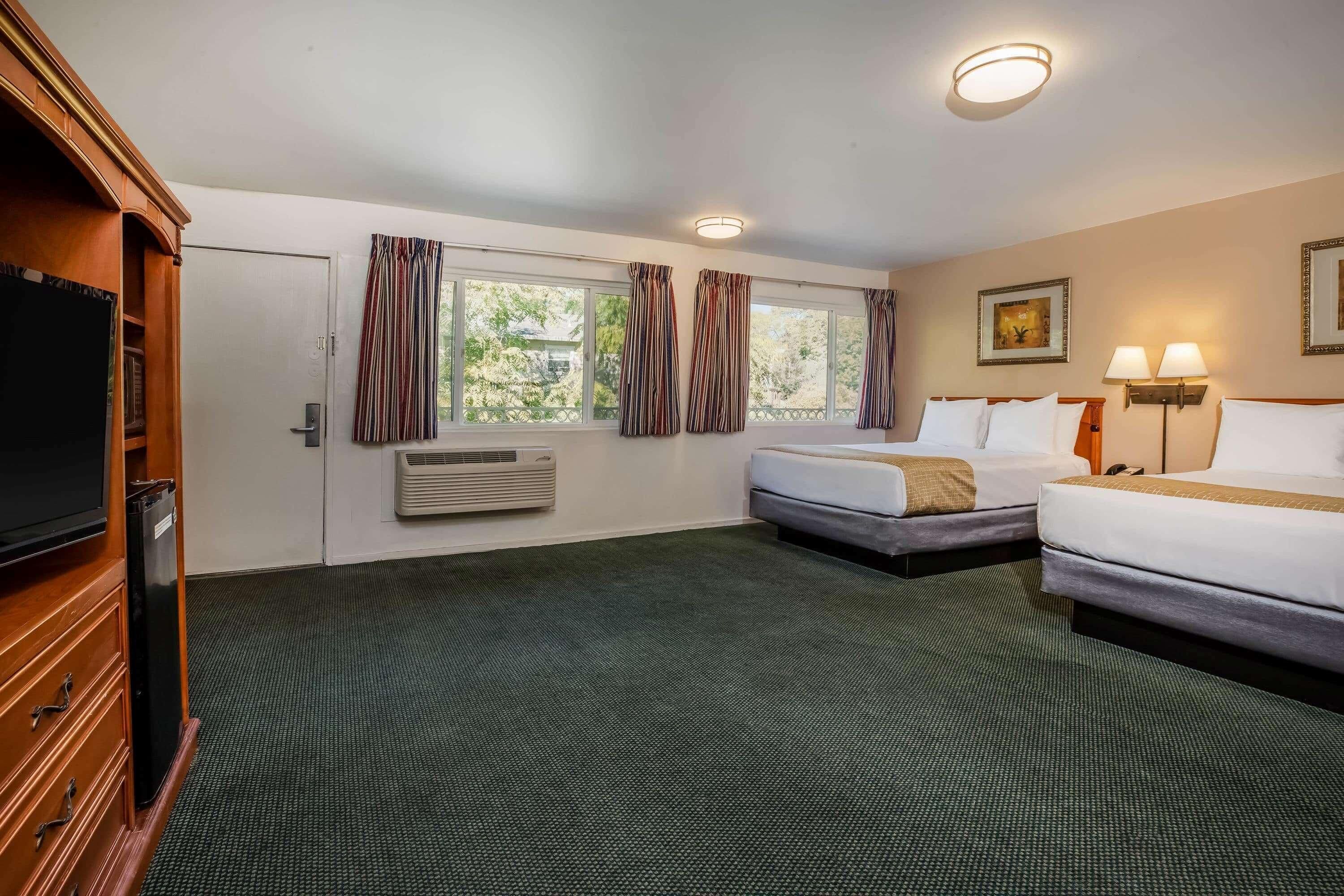 Een hotelkamer met twee bedden, een televisie, een verwarming en een raam met gordijnen.