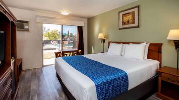 Habitación de hotel con una cama grande, televisión, escritorio y vistas al exterior.