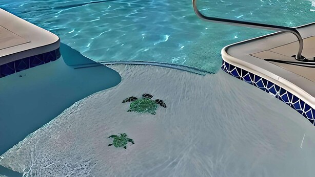 A swimming pool with clear water, a lounge area with a patterned tile border, and a small patch of grass on the poolside. - Travelodge by Wyndham Red Bluff South of Redding (Red Bluff)