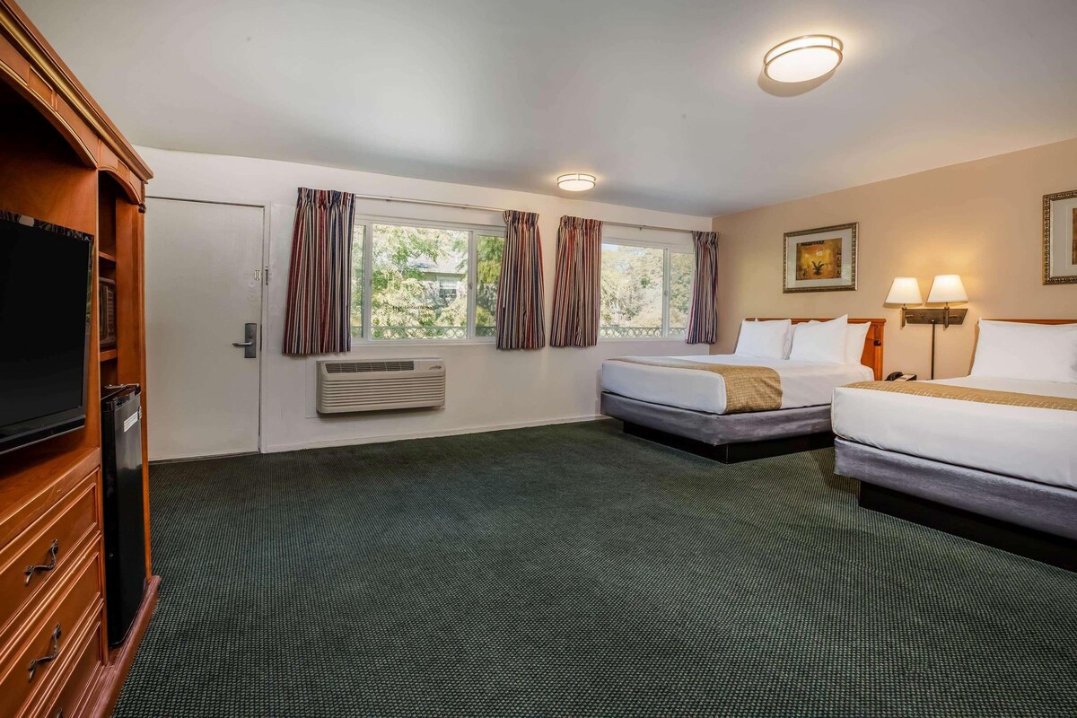 A hotel room with two beds, a television, a heater, and a window with curtains.