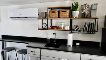 Fridge, microwave, coffee/tea maker, toaster