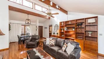 Smart TV, fireplace, books, music library