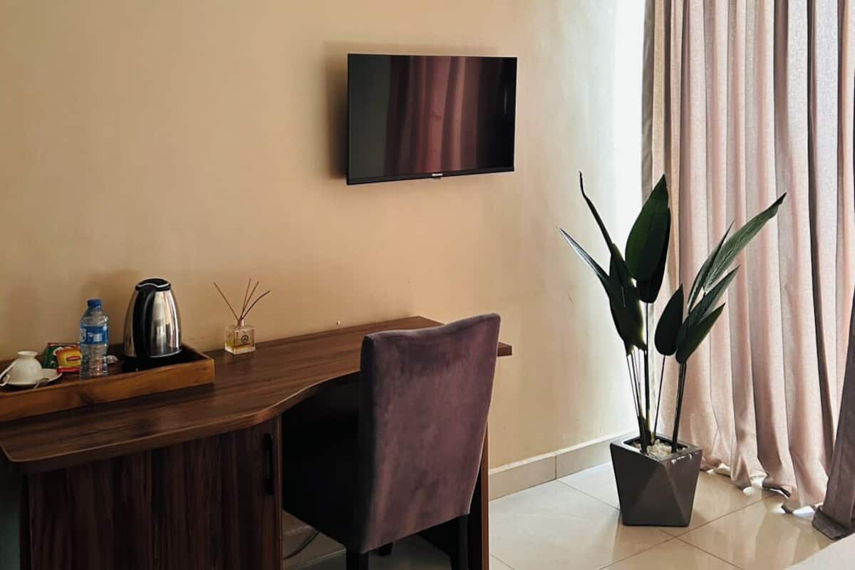 Une chambre d’hôtel avec un bureau en bois, une chaise, une plante en pot, un téléviseur à écran plat fixé au mur et une grande fenêtre avec des rideaux.