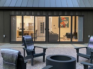 Terrace/patio - Fox Cabin @ Orange Tractor Retreat: 3BR ADA accessible cabin on 40 private acres (Wisconsin Dells)