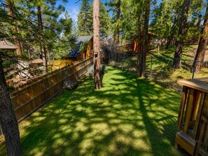 A fenced backyard with a wooden deck, surrounded by tall pine trees.