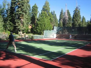 Un campo da tennis circondato da alberi alti e un cielo sereno.