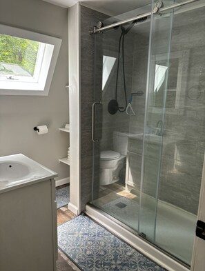 Shower, hair dryer, towels, soap