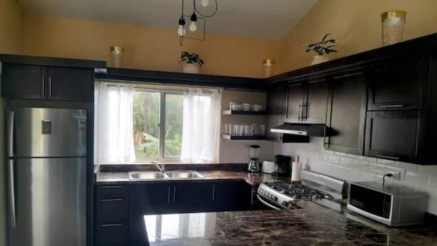 A modern kitchen with dark cabinetry, stainless steel appliances, and a granite countertop.