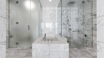 Shower, jetted tub, hair dryer, towels