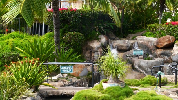A landscaped area with a waterfall, rocks, and a sign warning against climbing on the rocks. - SUMMER DISCOUNT-- 10% discount on the room rate for Aug. Sept. Just ask Barb. (Kihei)