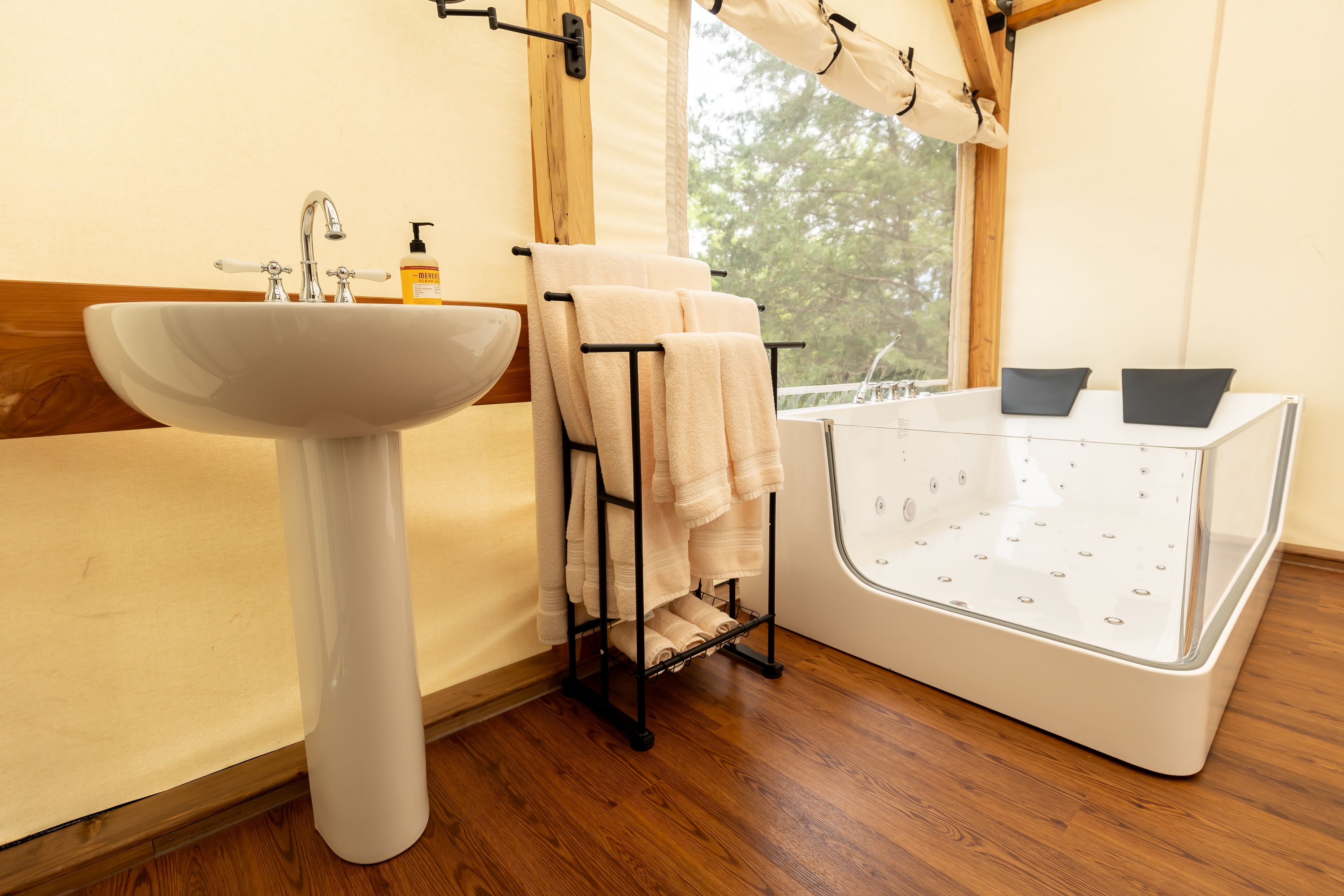 Shower, jetted tub, towels, soap