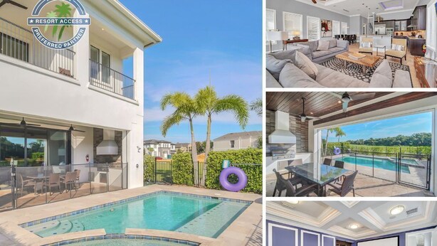Une maison à deux étages avec une piscine, un balcon et un salon équipé d’un téléviseur.
