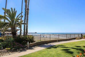 A coastal walkway with palm trees, a paved path, and a view of the beach and ocean.