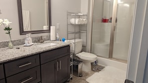 Hair dryer, towels, soap, toilet paper