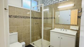 A bathroom with a glass-enclosed shower, a toilet, and a sink with a mirror above it.