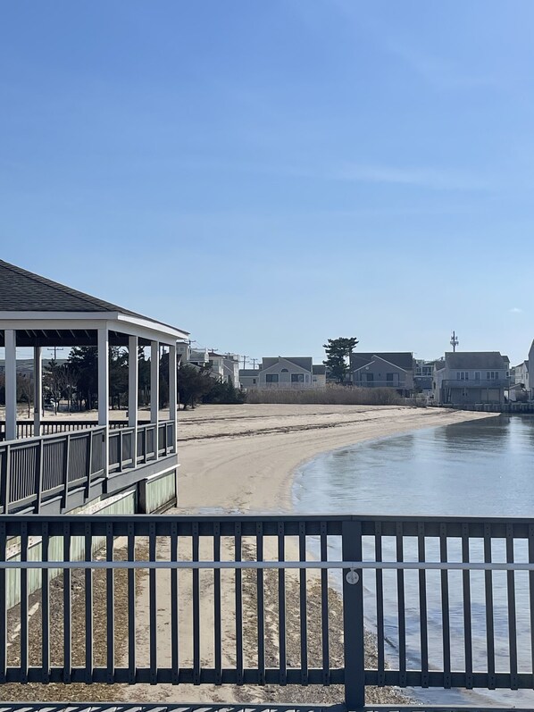 On the beach, sun-loungers