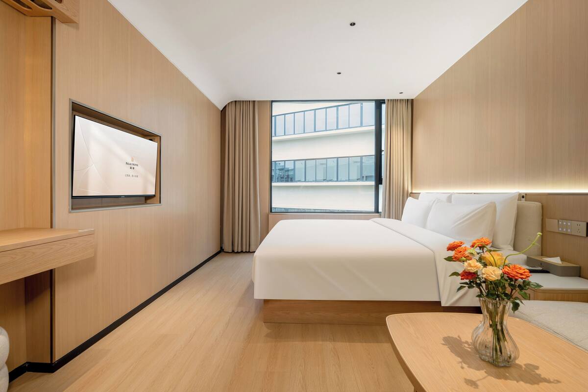 A hotel room with a large bed, a desk, a TV mounted on the wall, and a window with a view of a building.