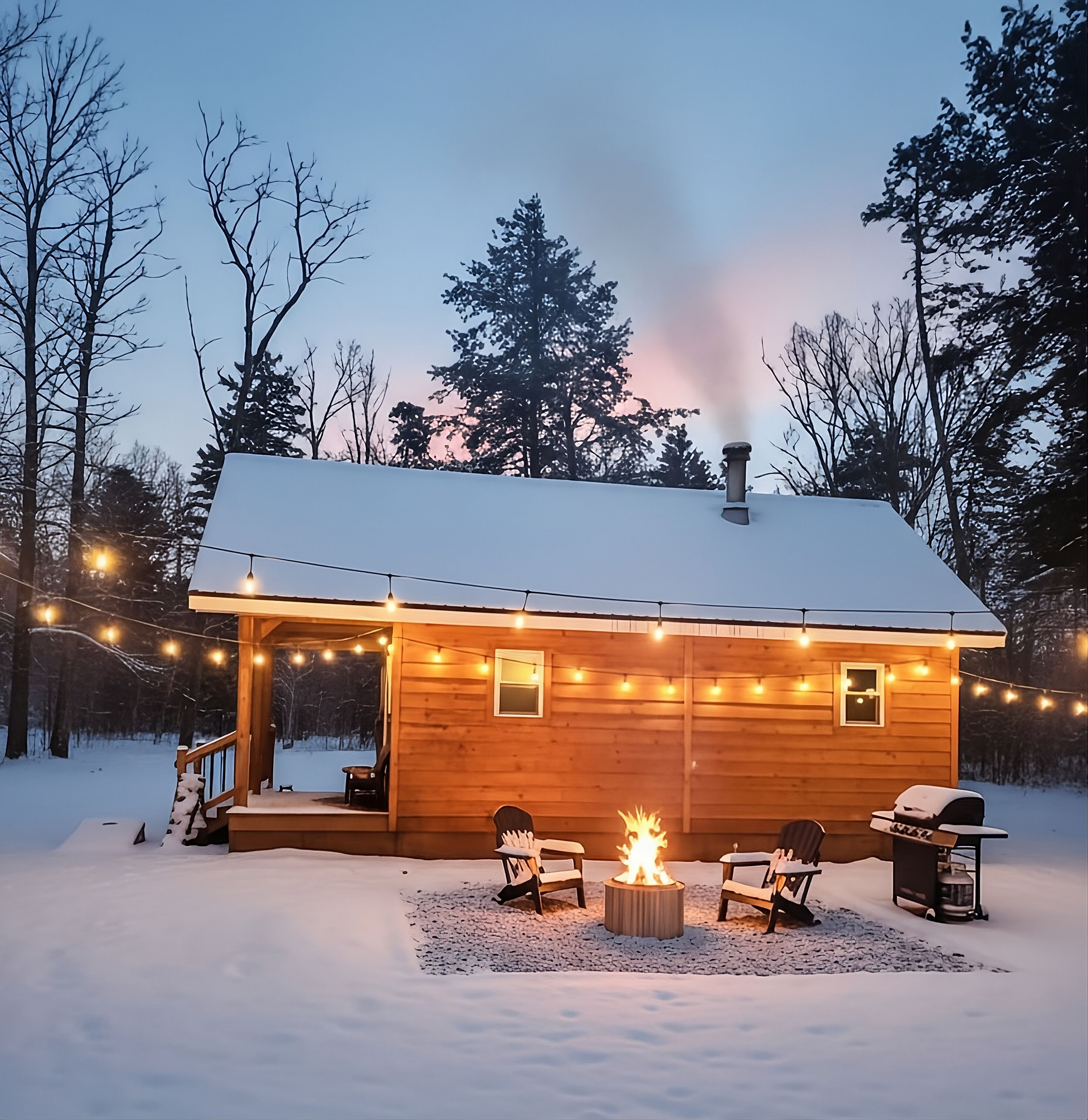 Warm cabin exterior glowing with string lights perfect for cozy nights.