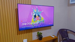 Un televisor montado en una pared de madera mostrando 'Squid Game' en Netflix.