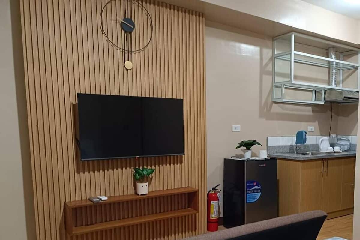 Habitación de hotel con cama, televisión montada en una pared de madera, una pequeña estantería con una planta, extintor y kitchenette con lavaplatos y microondas.