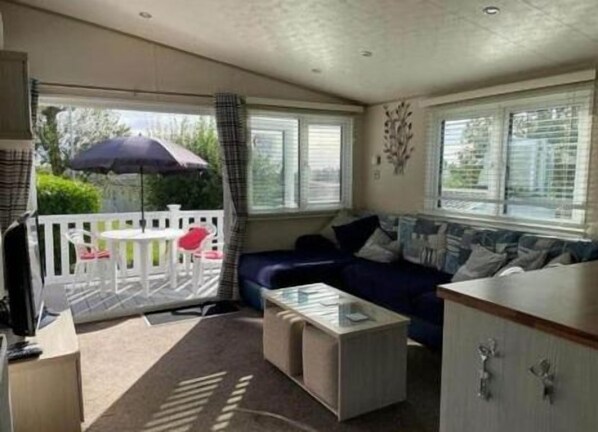 Una televisión, una chimenea, un reproductor de DVD