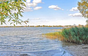 Ein ruhiger See mit sandigem Ufer, umgeben von Bäumen und einer fernen Uferlinie mit Gebäuden.