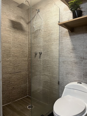 Douche, sèche-cheveux, serviettes fournies, savon