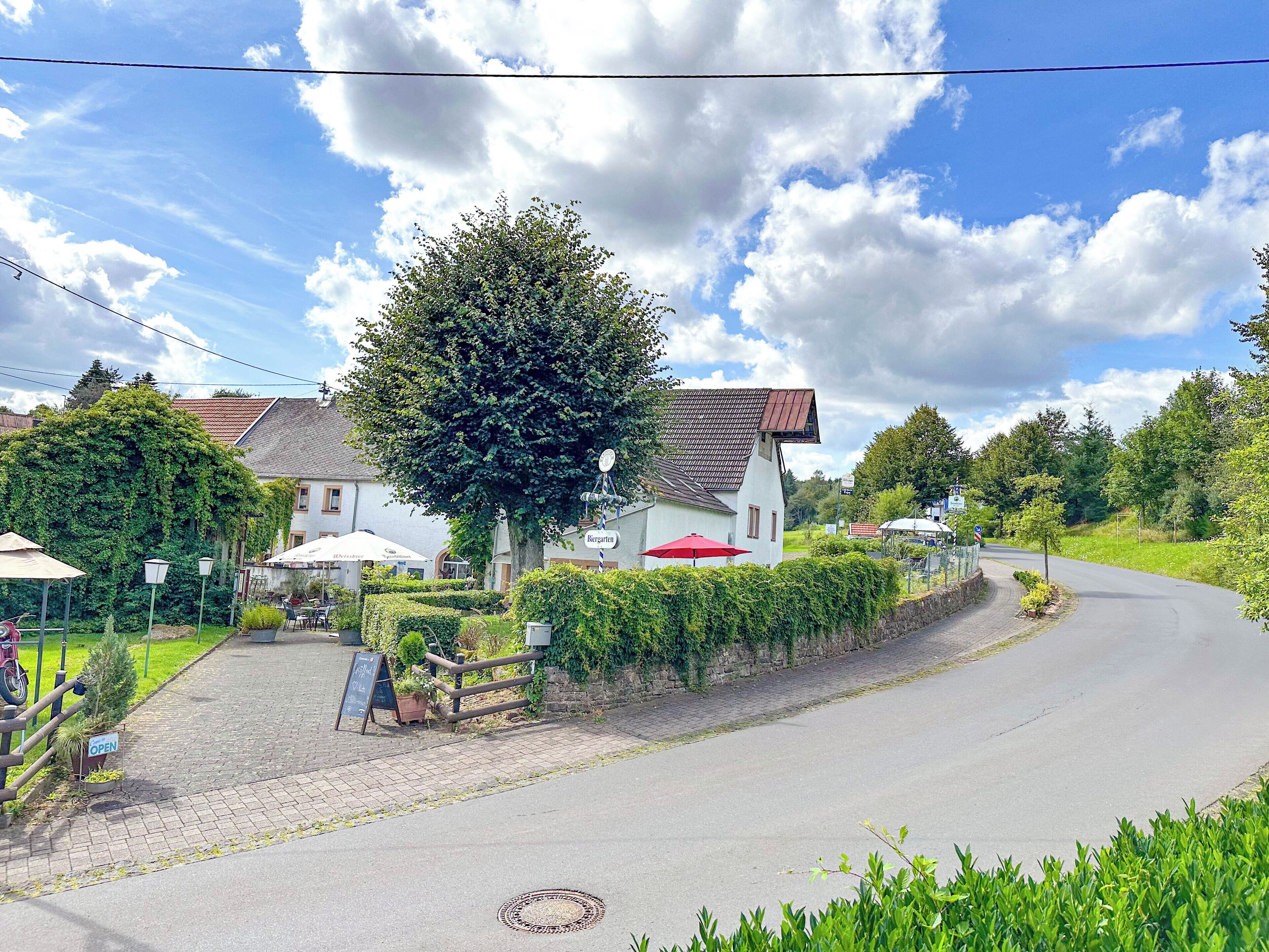 Un paysage rural avec un bâtiment blanc, un grand arbre et une route asphaltée.