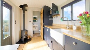 Een moderne keuken met een houtkachel, een spoelbak en een raam met uitzicht.