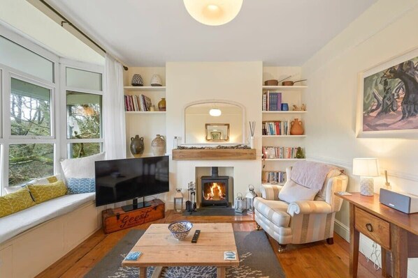 Televisión, chimenea, estéreo y oficina 