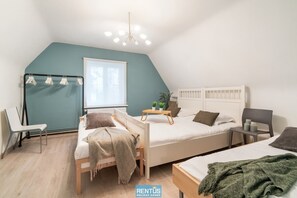 3 bedrooms, desk, iron/ironing board, travel cot