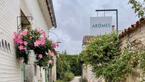 Un stretto sentiero acciottolato fiancheggiato da edifici con fiori pensili e un cartello con scritto 'ARÔMES'.