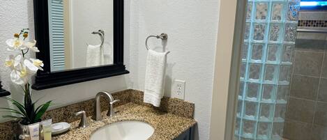 Une salle de bain dotée d’un comptoir en granit, d’un lavabo blanc, d’un miroir, d’un porte-serviettes et d’une cabine de douche en verre.