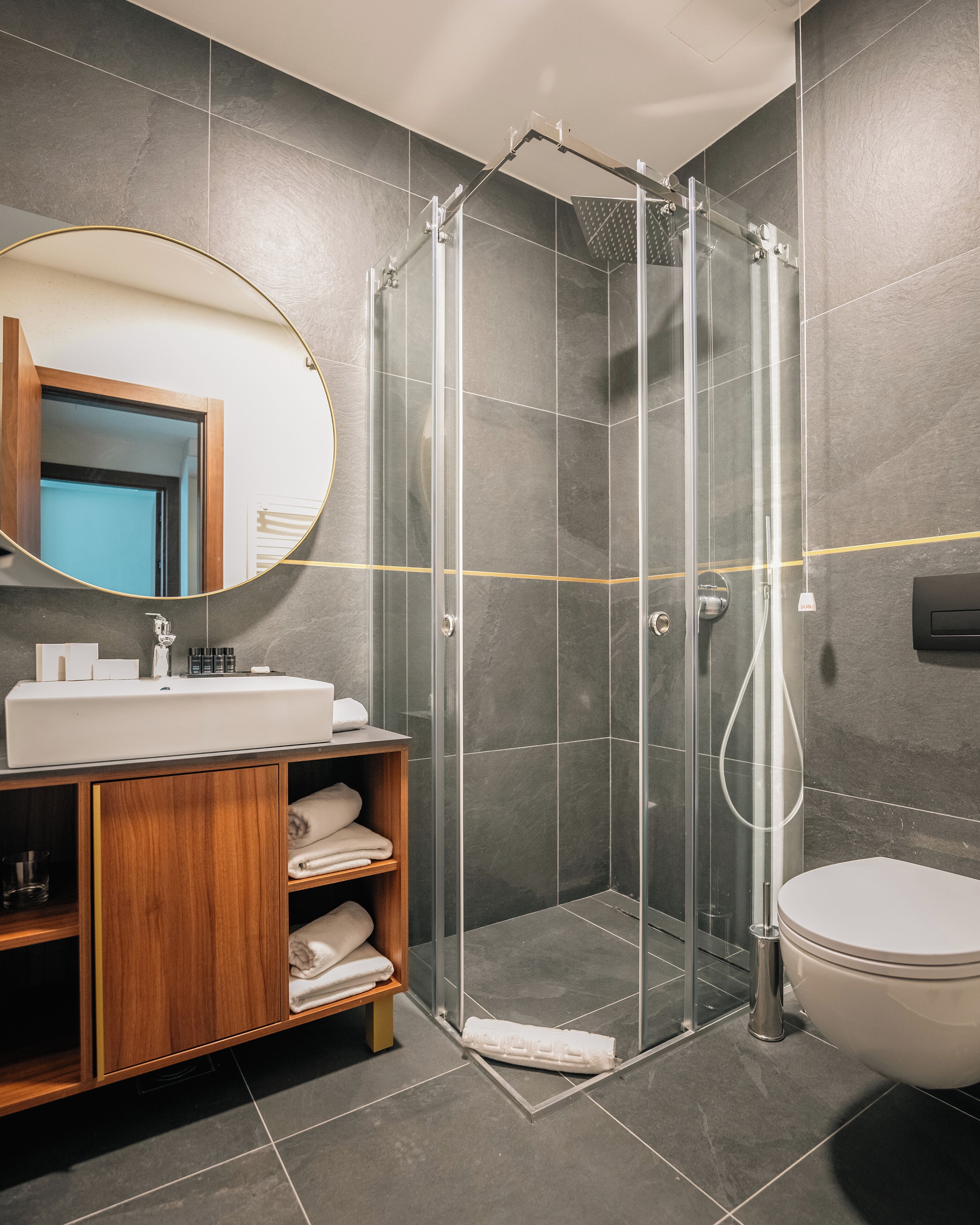 A modern bathroom with a glass-enclosed shower, a wooden vanity, and a toilet.