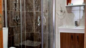 A bathroom with a glass-enclosed shower, a toilet, a sink, and a mirror above the sink.