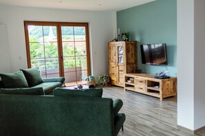 TV connectée, cheminée, livres