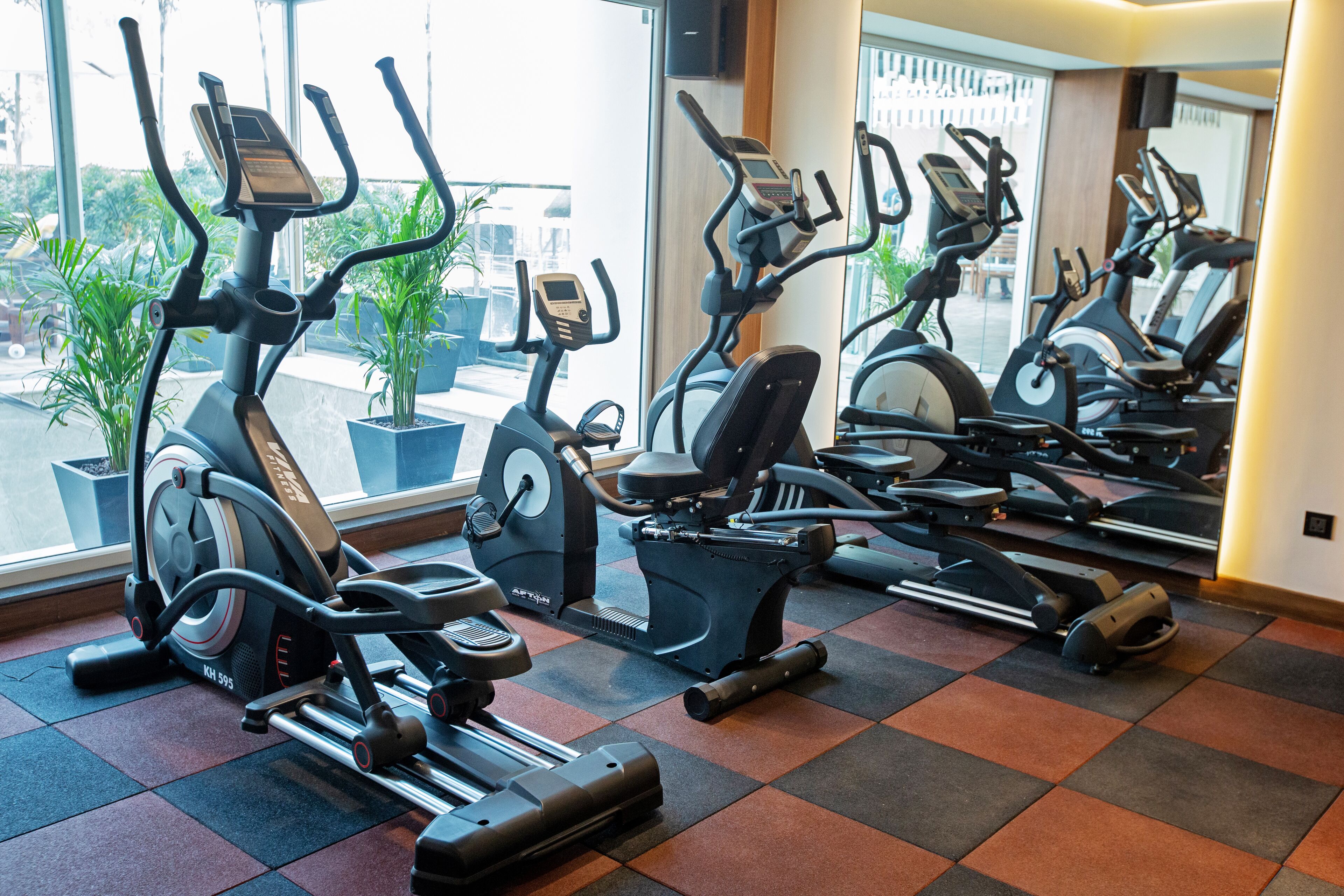 A gym with multiple stationary bikes and treadmills, large windows, and potted plants.