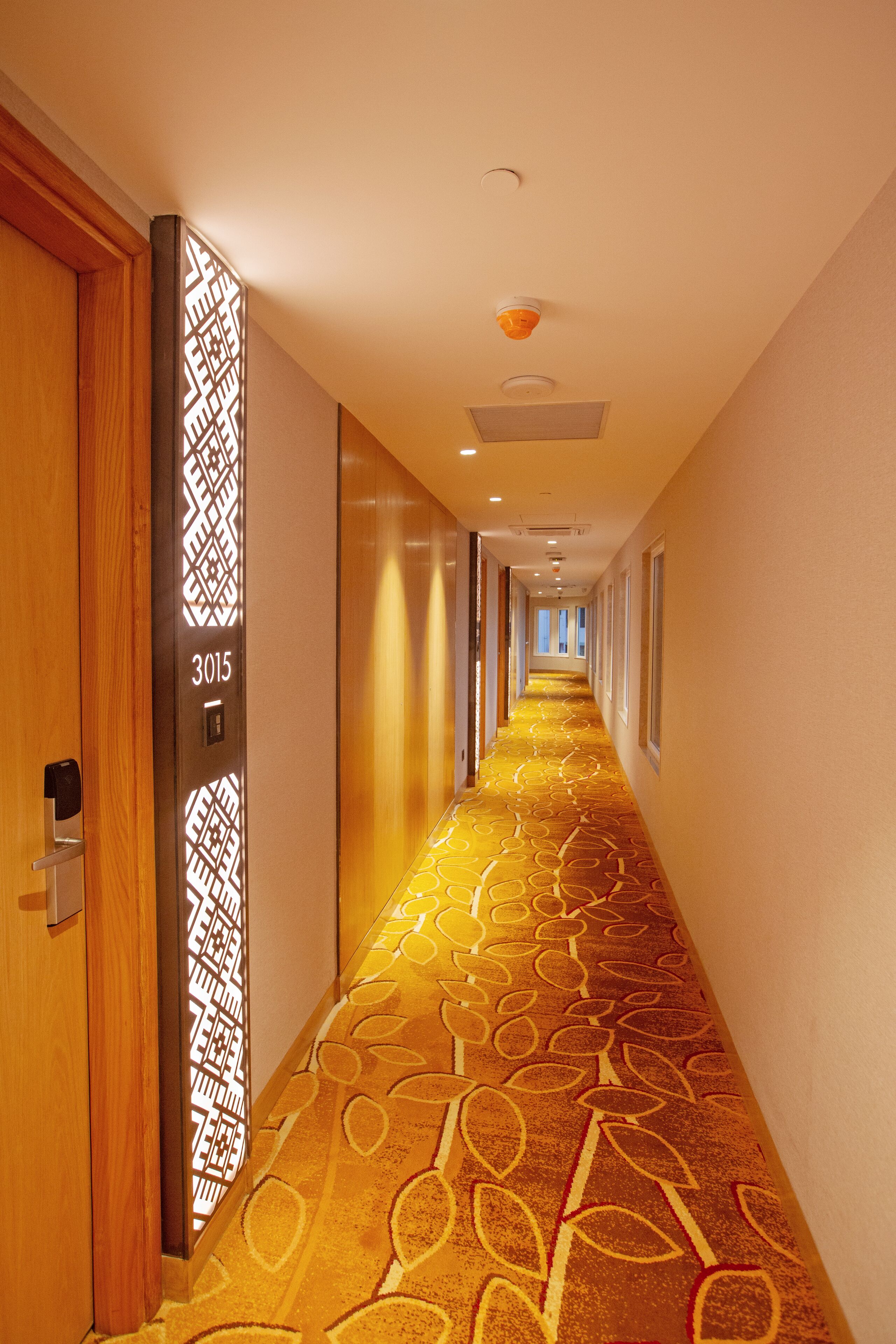 Un pasillo de hotel con alfombra estampada, una puerta de madera y un diseño geométrico en la pared.