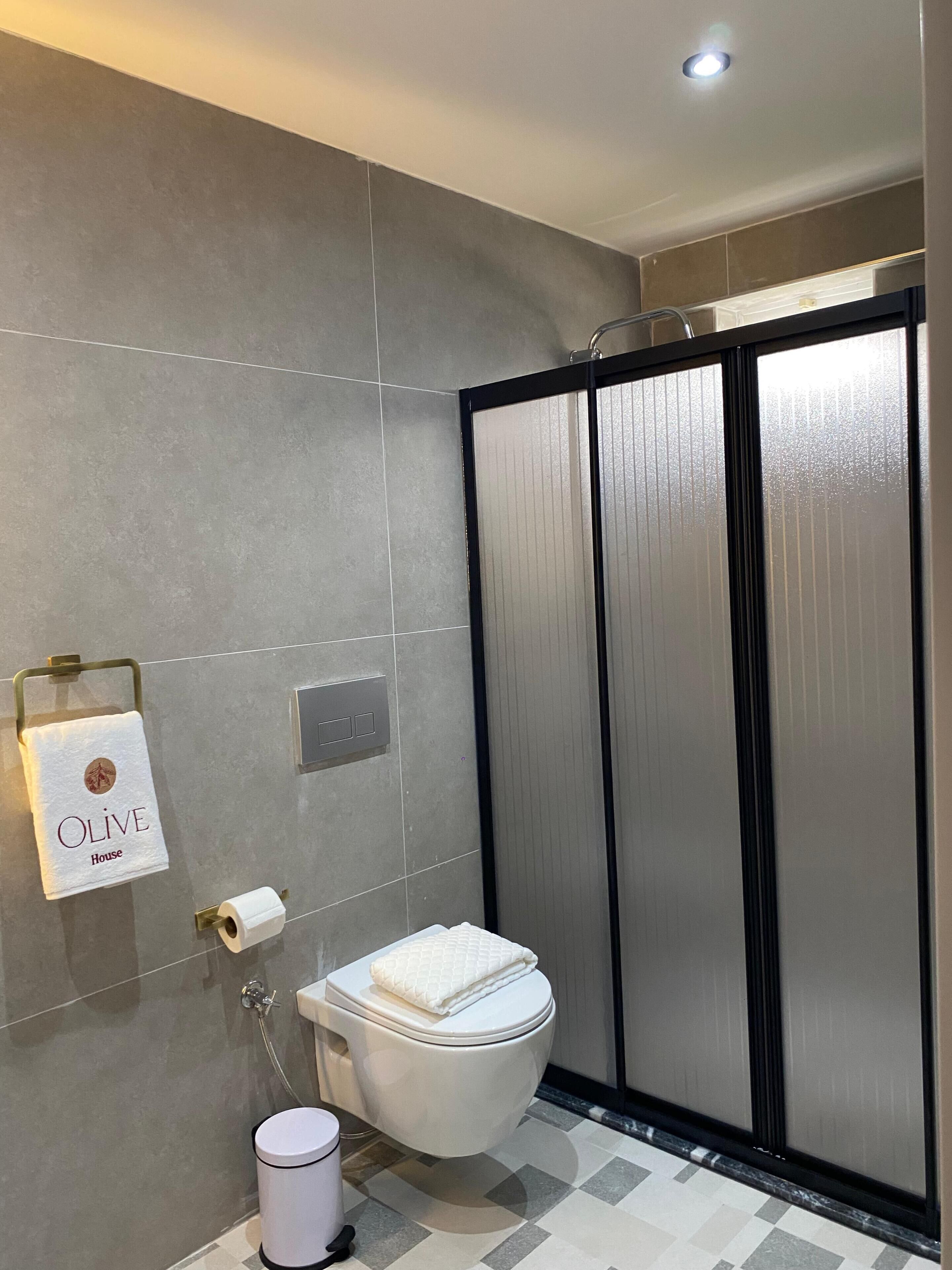 A modern bathroom with a toilet, a towel rack, and a shower enclosure.
