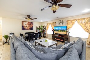 Smart TV, fireplace, video games, table football