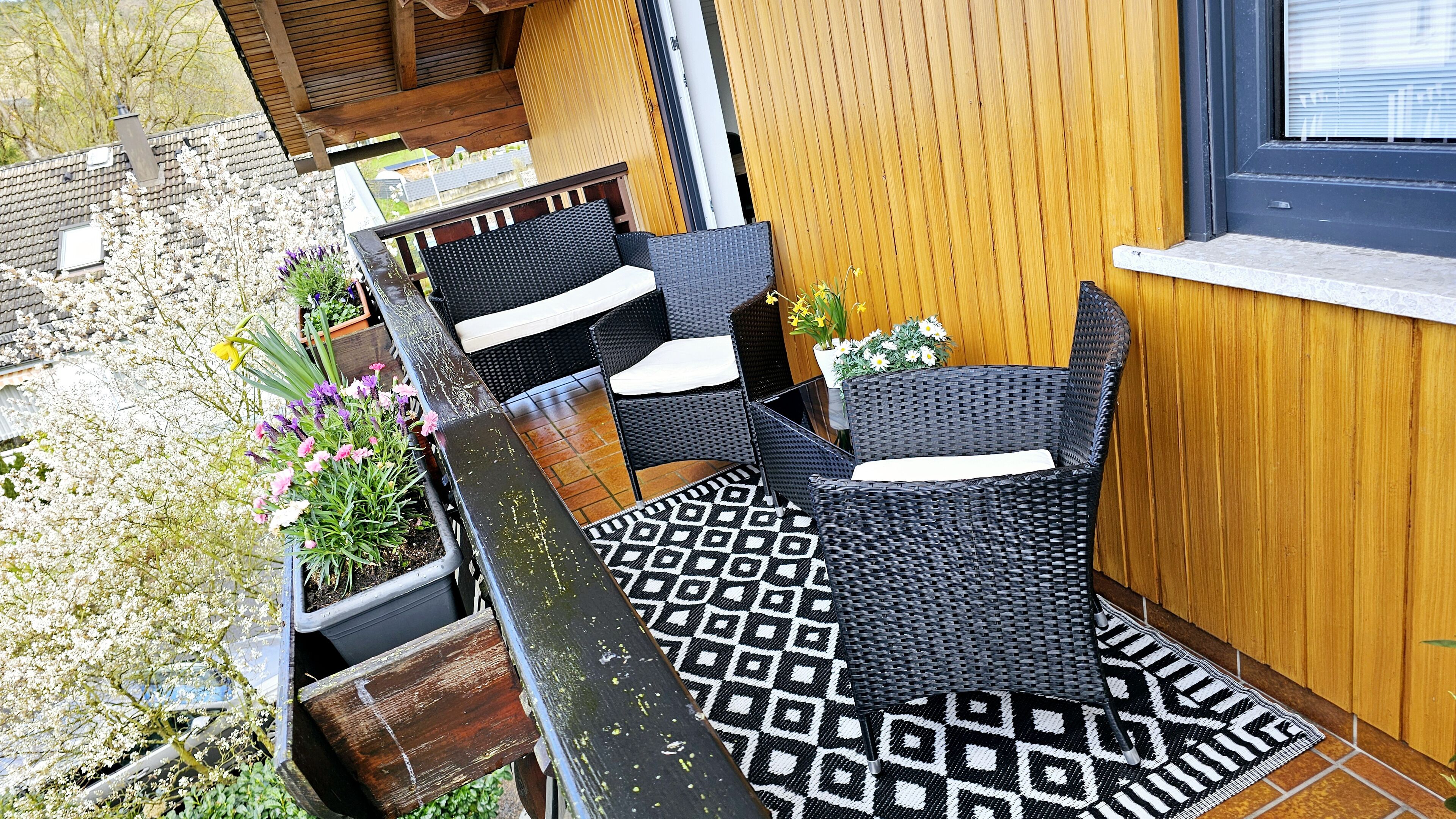 A patio area with wicker furniture, a patterned rug, and potted plants.