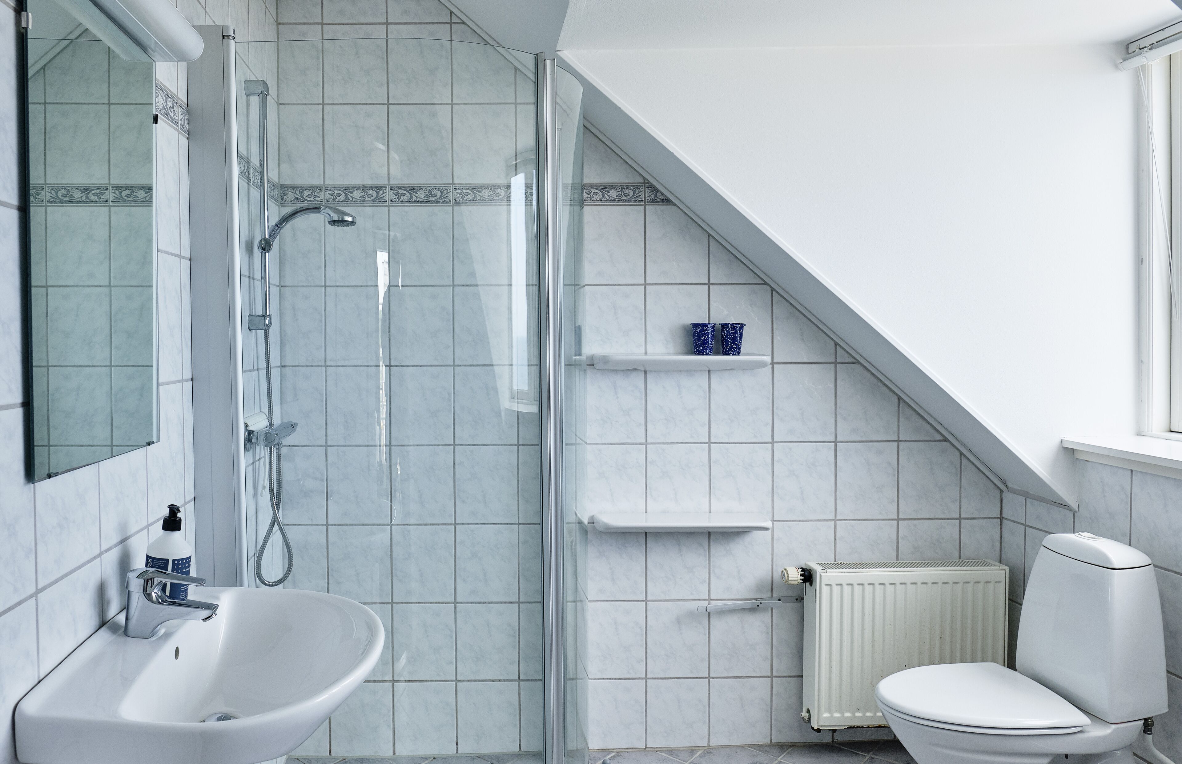 Une salle de bain moderne avec une douche à parois de verre, un lavabo blanc et des toilettes.