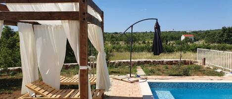Seasonal outdoor pool, pool umbrellas, pool loungers