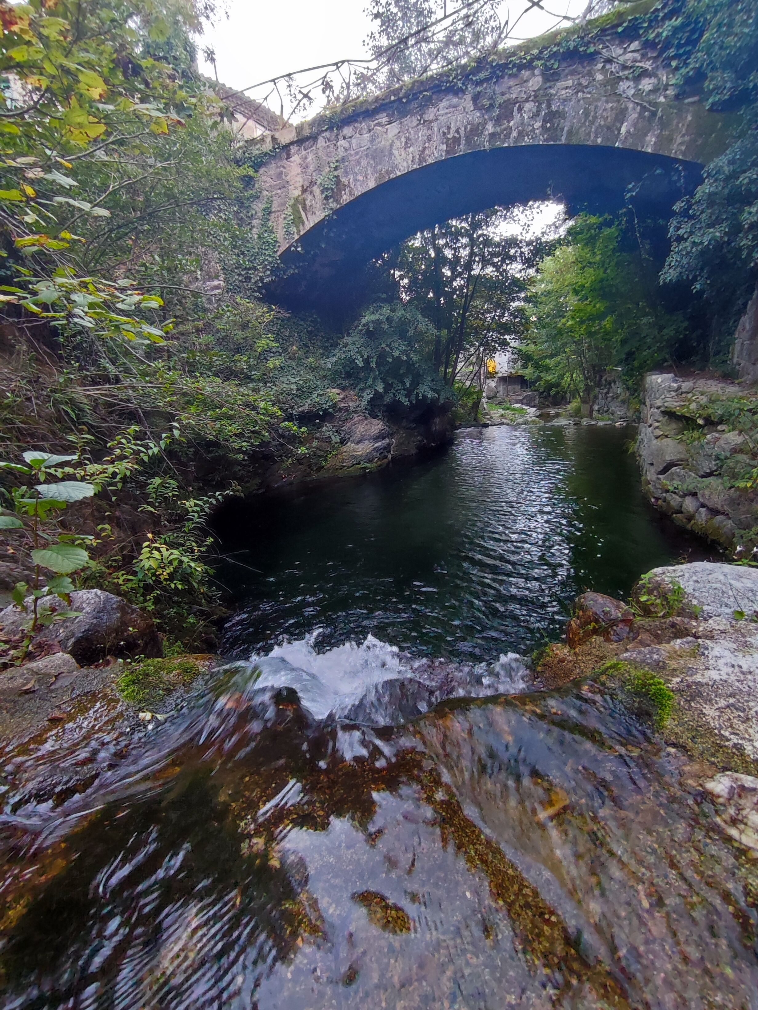 Eine Steinbrücke über einem ruhigen Fluss, umgeben von üppiger Vegetation.
