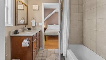 Shower, hair dryer, shampoo